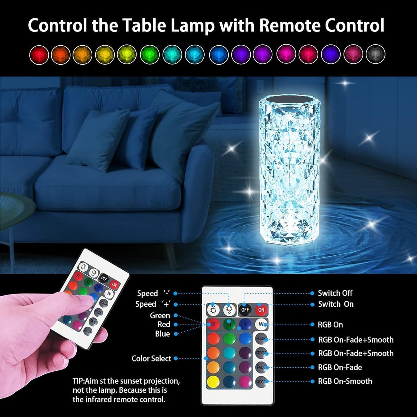 16 Color Changing Rose Crystal Diamond Table Lamp